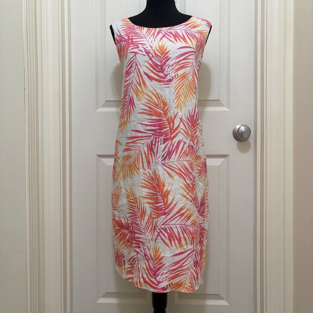 J.Jill Linen Shift Dress Size 14 Pink Orange Palm Leaf Tropical Coastal Resort